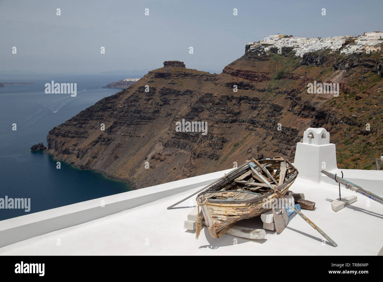 Boat on a roof at Firostefani town Santorini island - Stock Image