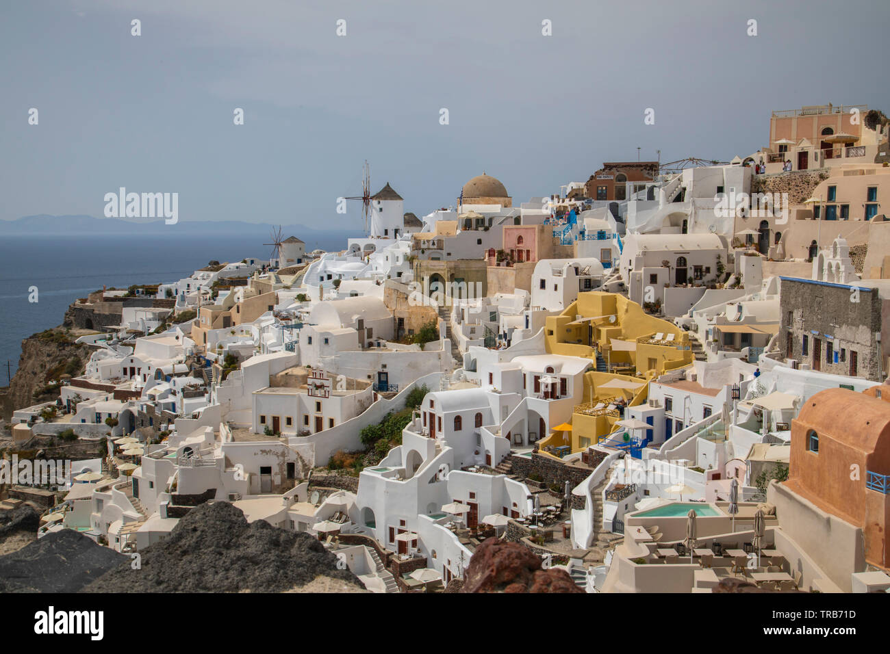 view of Oia town and colorful buildings Stock Photo