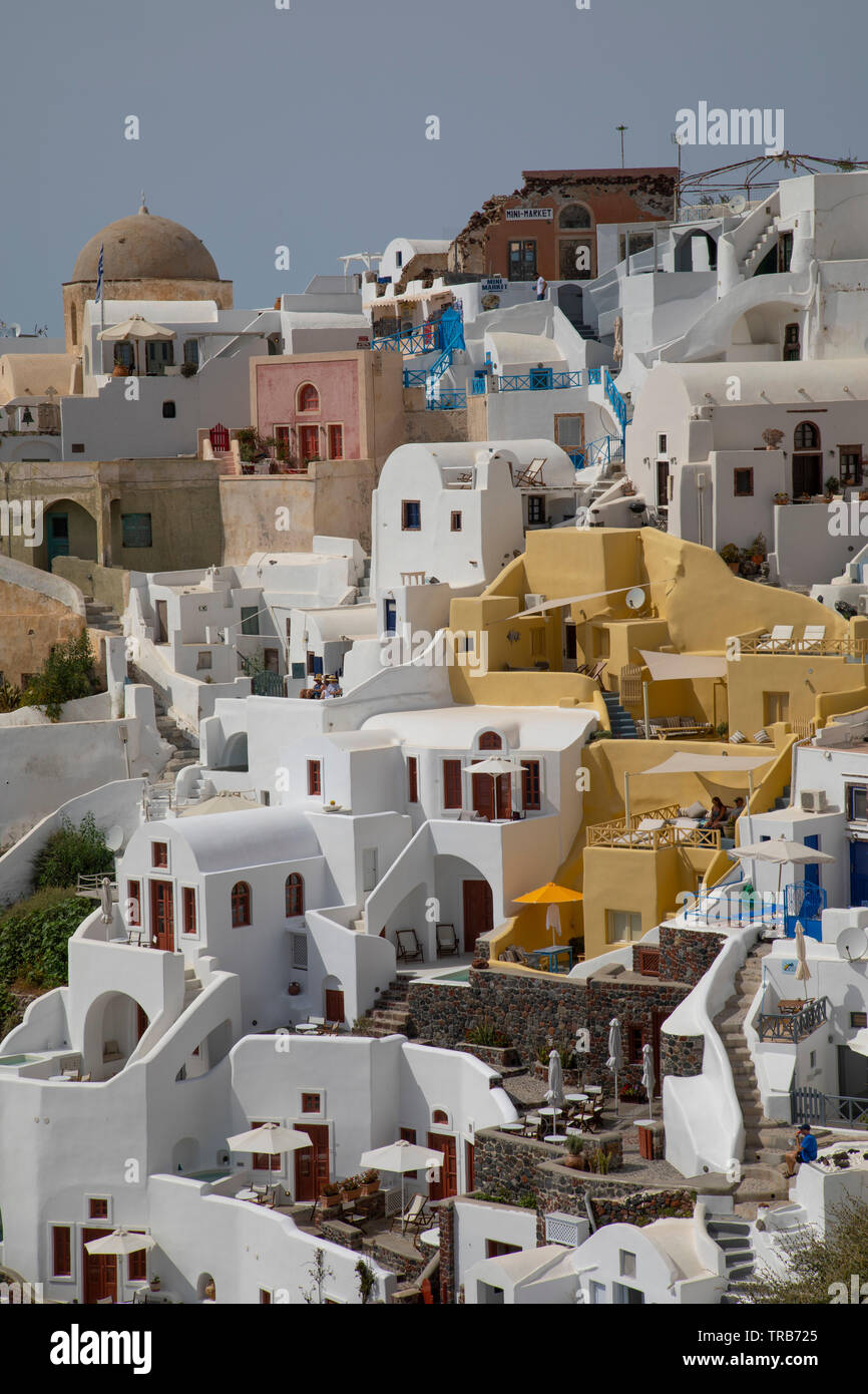 view of Oia town and colorful buildings Stock Photo