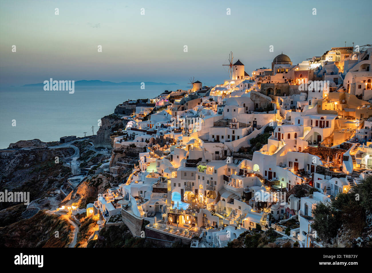 view of Oia town and colorful buildings Stock Photo