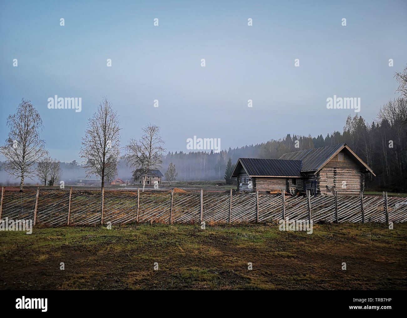 Russian old village on the edge of the forest. North-West Russia, Wooden architecture of Karelians and Veps. Stock Photo
