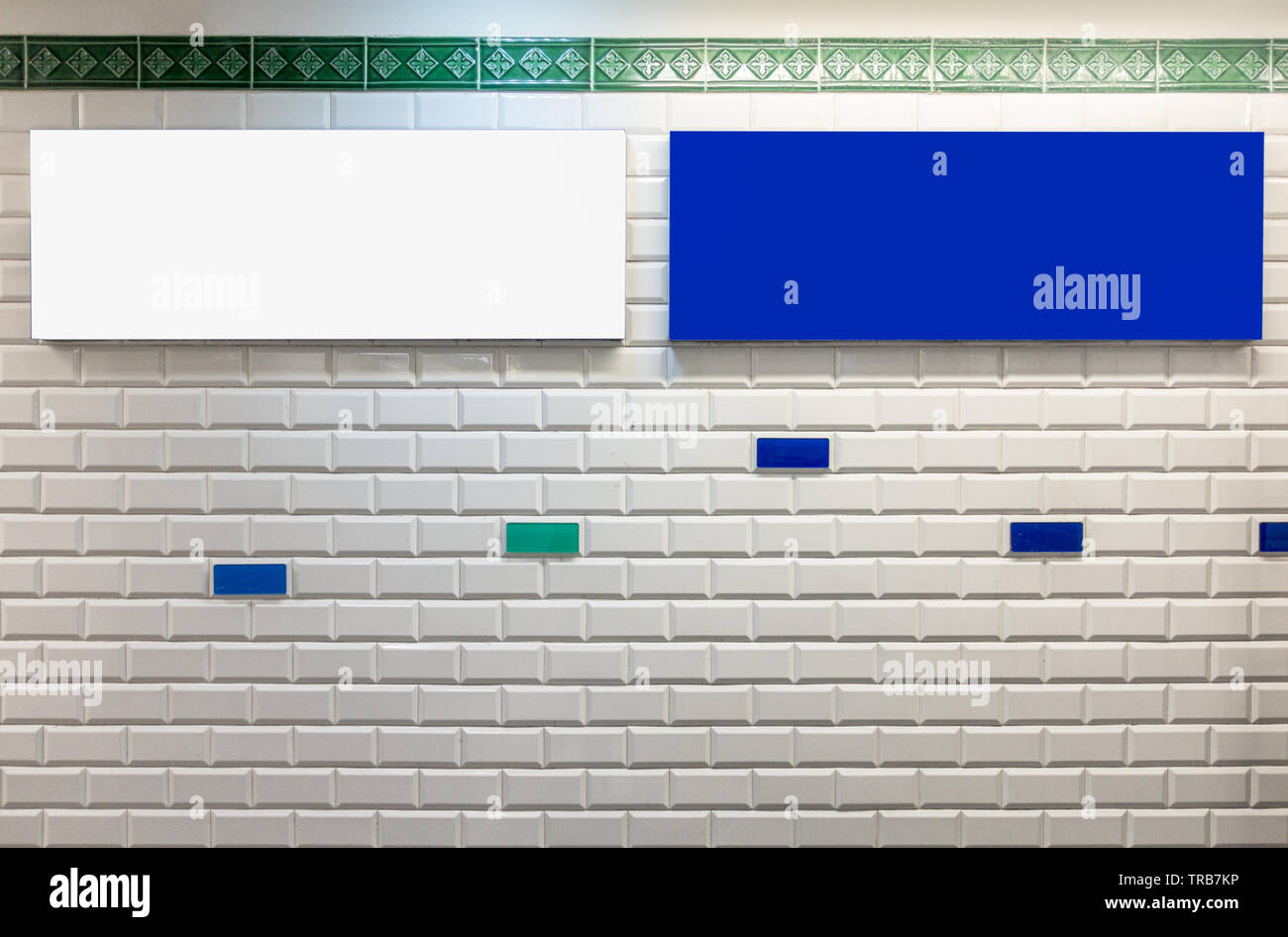 Blank billboard on brick white brick wall background Stock Photo