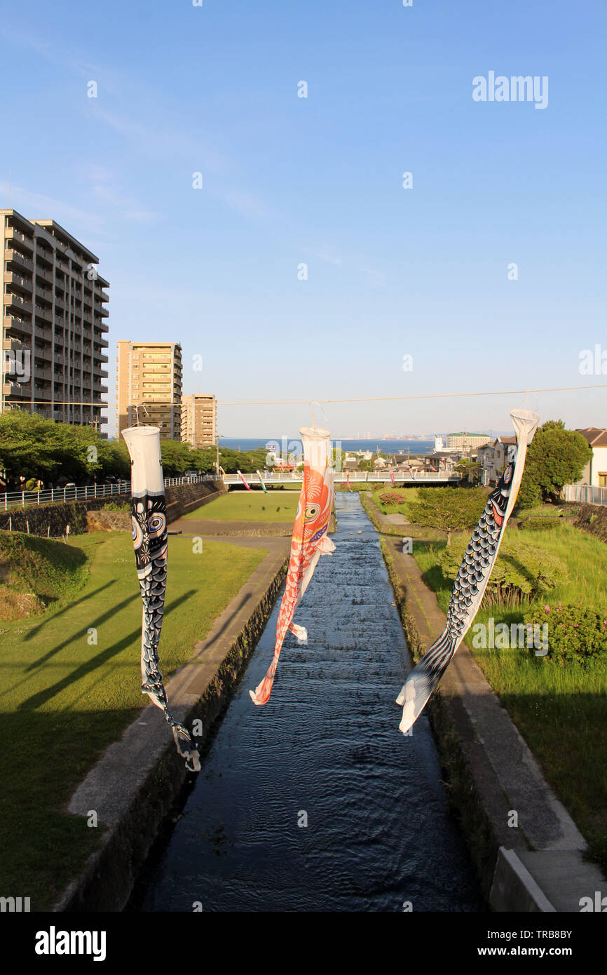 Japanese koinobori flying koi carp fish in Beppu during Golden Week. Taken in Oita, April 2019. Stock Photo