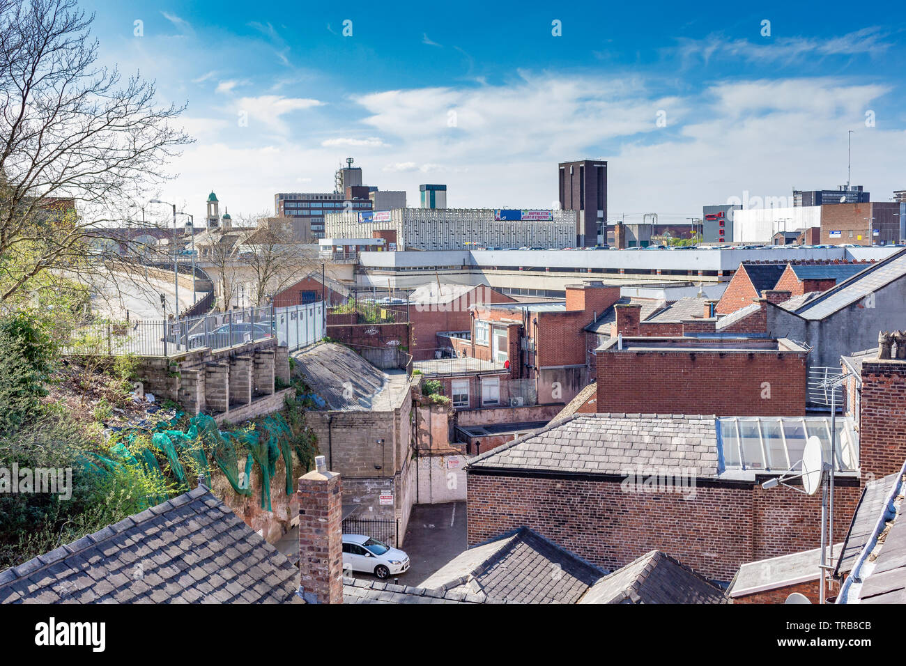 View of historic and newer buildings, Stockport town centre, Cheshire
