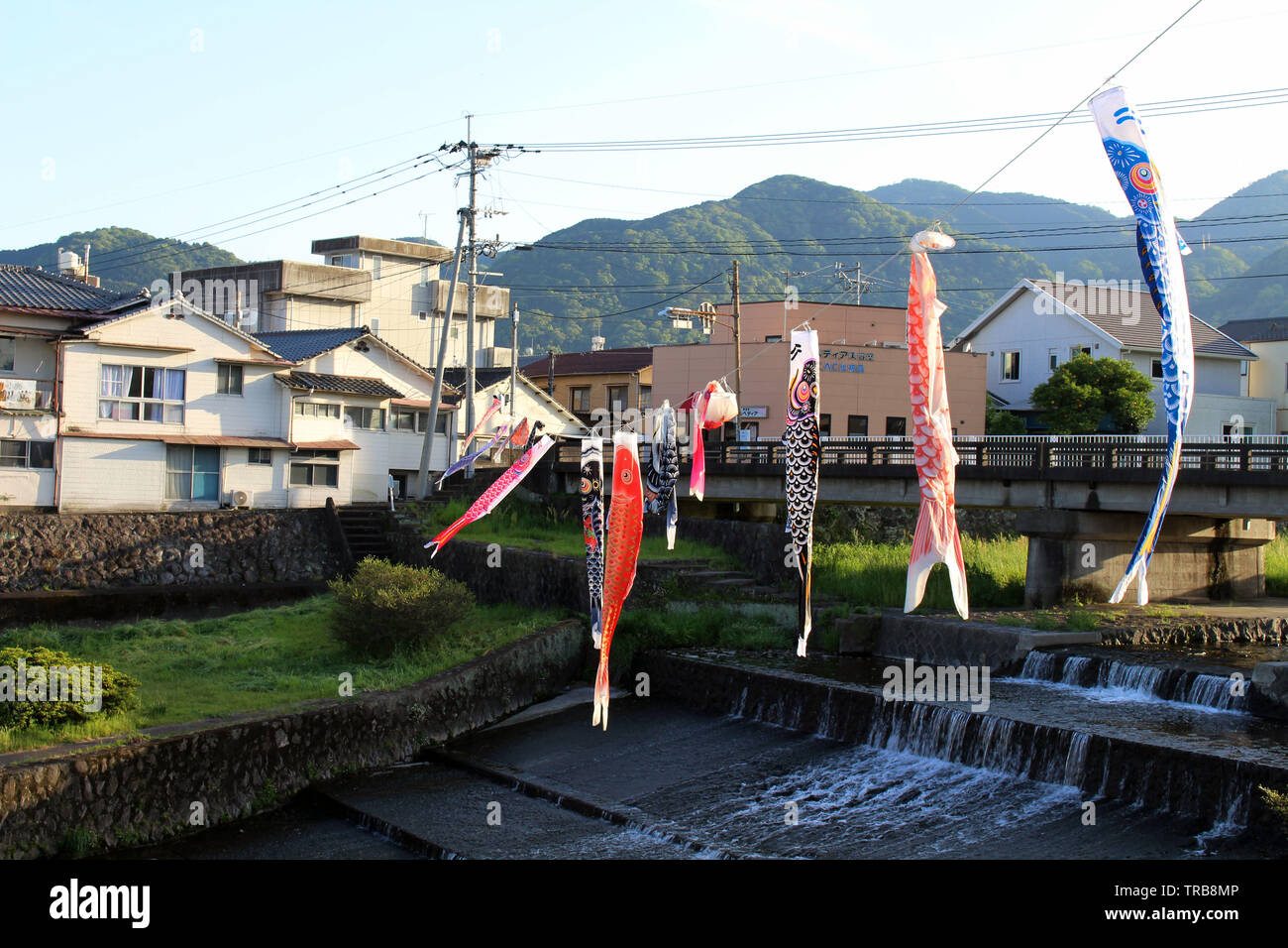 Japanese koinobori flying koi carp fish in Beppu during Golden Week. Taken in Oita, April 2019. Stock Photo