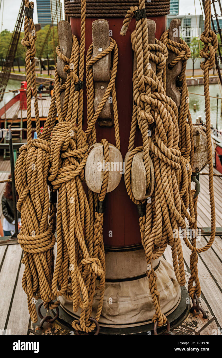 Rolled rope and pulleys supported on mast of a sailing ship in