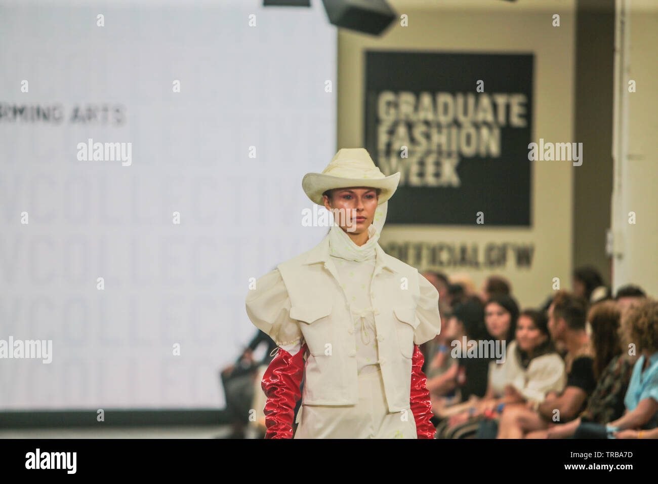 London, UK. 02nd June, 2019. The Graduate Fashion Week Exhibition 2019 showcasing the  the best graduate fashion from around the country. Presenting 90  UK and International universities, alongside exciting and unique stands, food, bar, leading industry and VIP talks in the GFW Live talk space and much more. Credit: Paul Quezada-Neiman/Alamy Live News Stock Photo