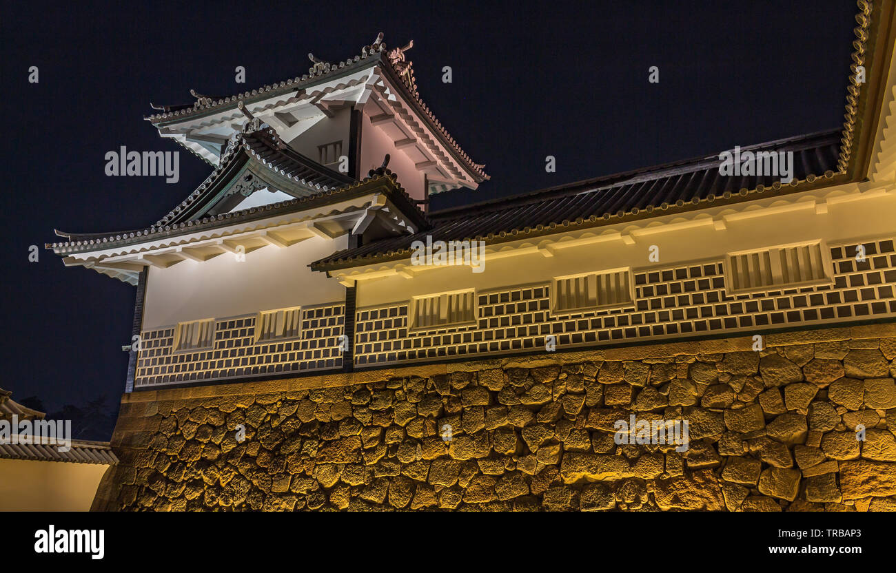Kanazawa castle by night, Japan. City of Kanazawa, Ishikawa Prefecture, Western Japan. Stock Photo