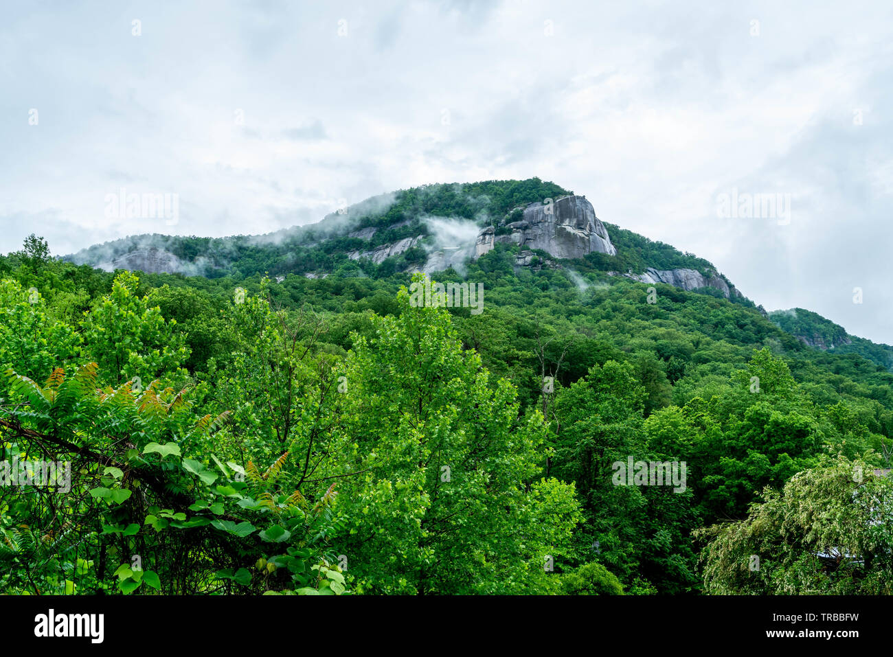A rainy day in Chimney Rock makes the clouds hang low. Stock Photo