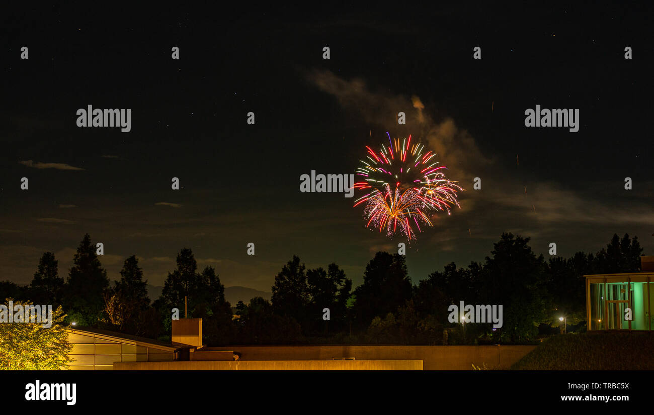 Summer fireworks in night sky, Lake Shibayama, Ishikawa prefecture, Japan. Stock Photo