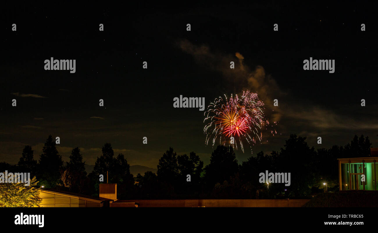 Summer fireworks in night sky, Lake Shibayama, Ishikawa prefecture, Japan. Stock Photo