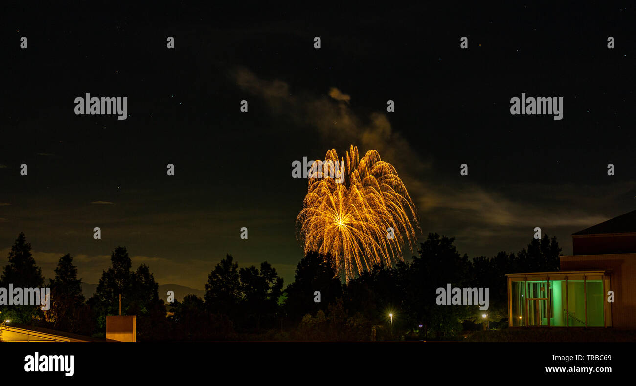 Summer fireworks in night sky, Lake Shibayama, Ishikawa prefecture, Japan. Stock Photo
