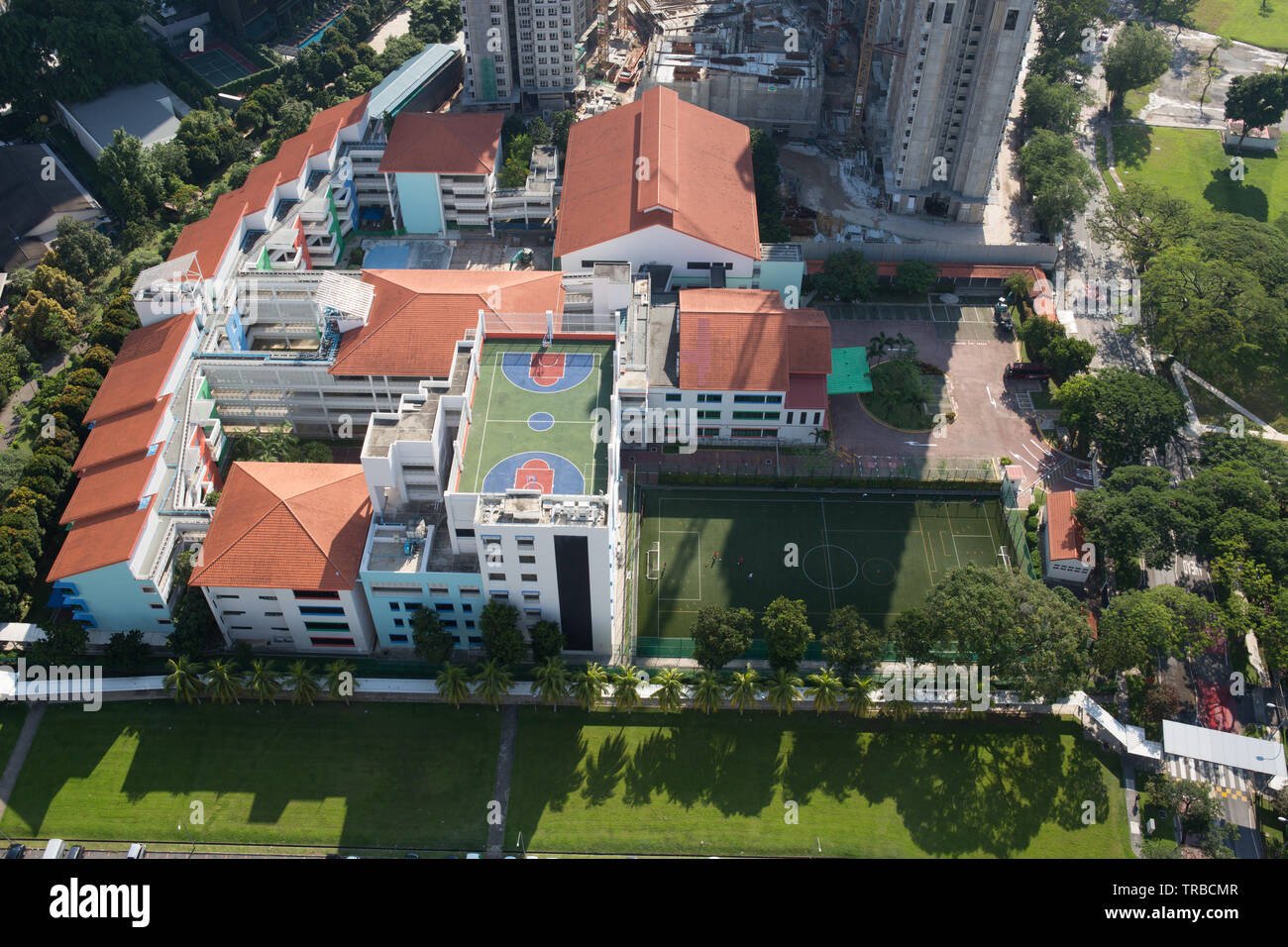 Aerial view of Queenstown Primary School with a rooftop basketball