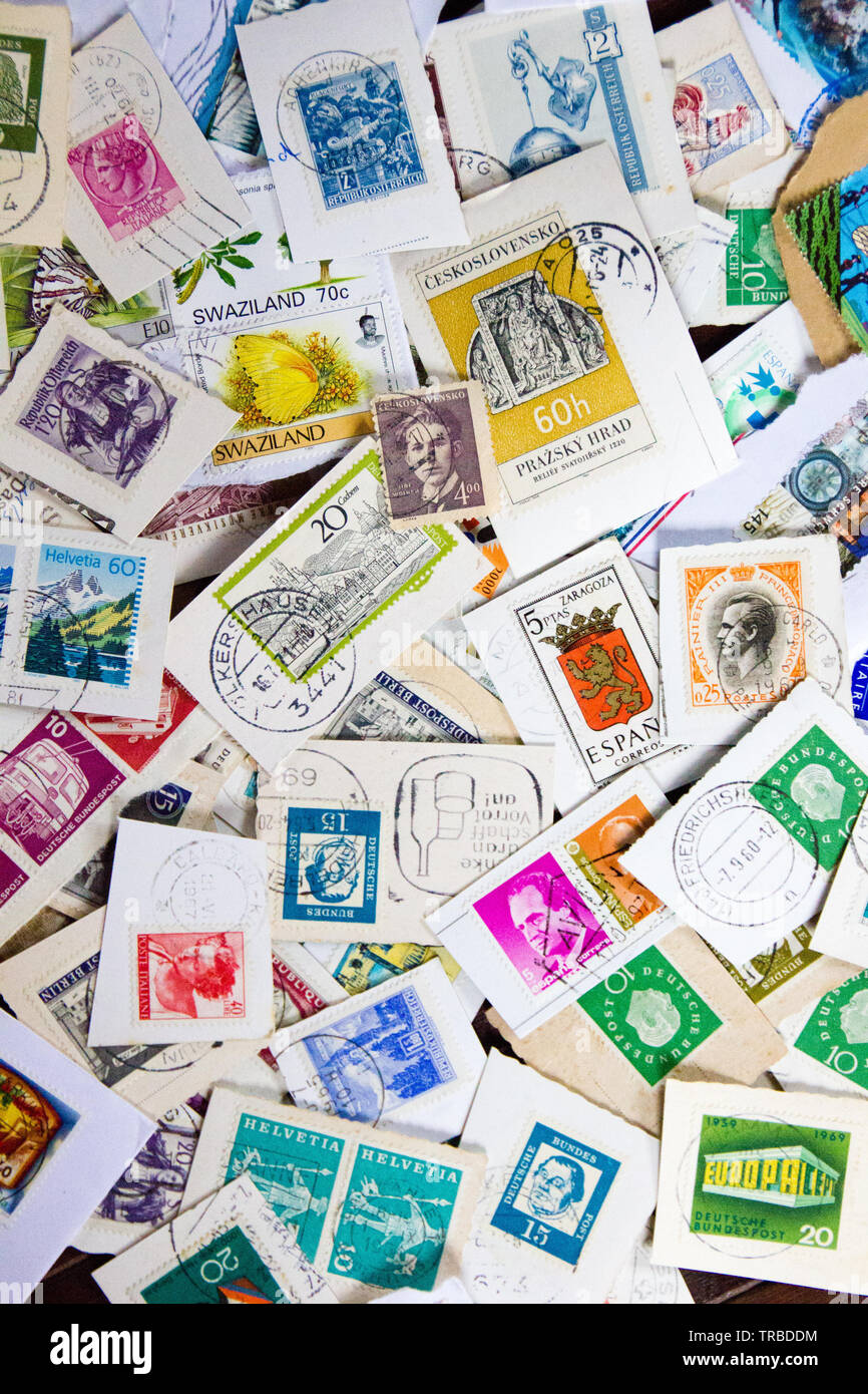 Used vintage stamp collection. Concept of philately hobby Stock Photo