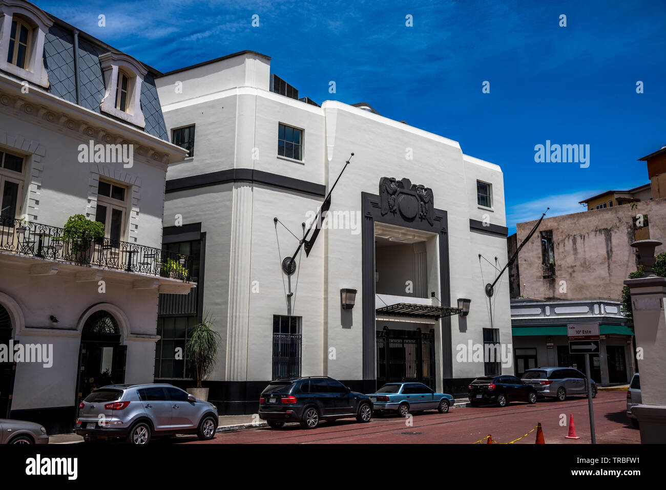 Old city bank building in Casco Viejo, Panama City, Panama Stock Photo