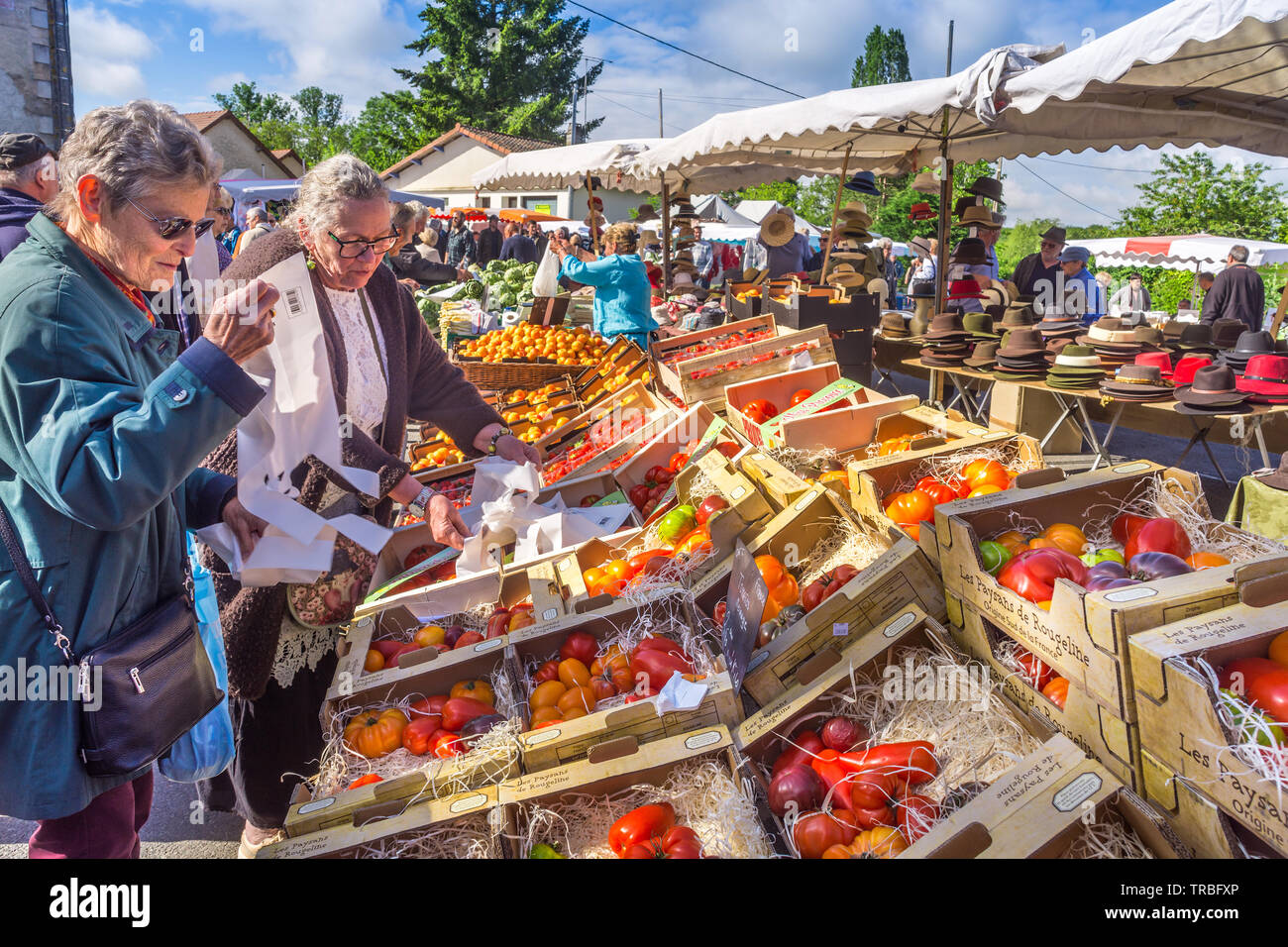 Fruit and veg for sale on market day in Les Hérolles, Vienne, France. Stock Photo