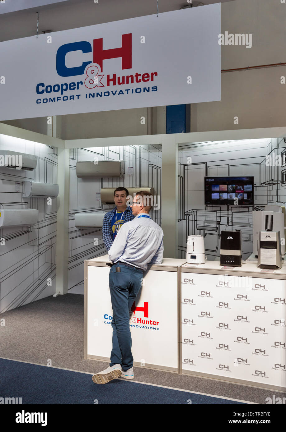 KYIV, UKRAINE - APRIL 06, 2019: People visit Cooper and Hunter air conditioners international company booth during CEE 2019, the largest electronics t Stock Photo