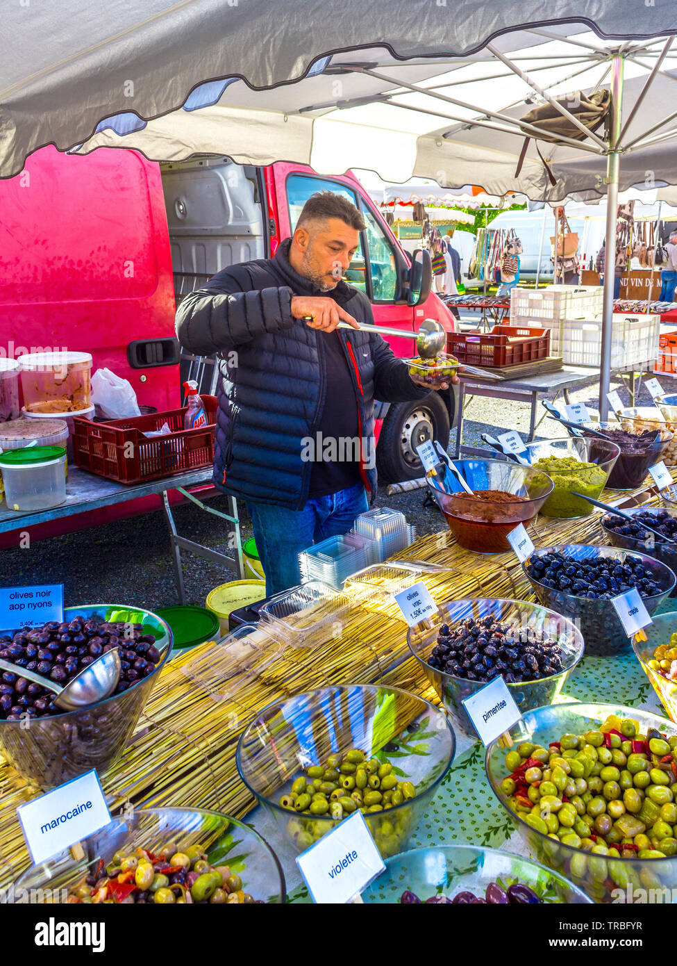 Olives for sale on market day in Les Hérolles, Vienne, France. Stock Photo
