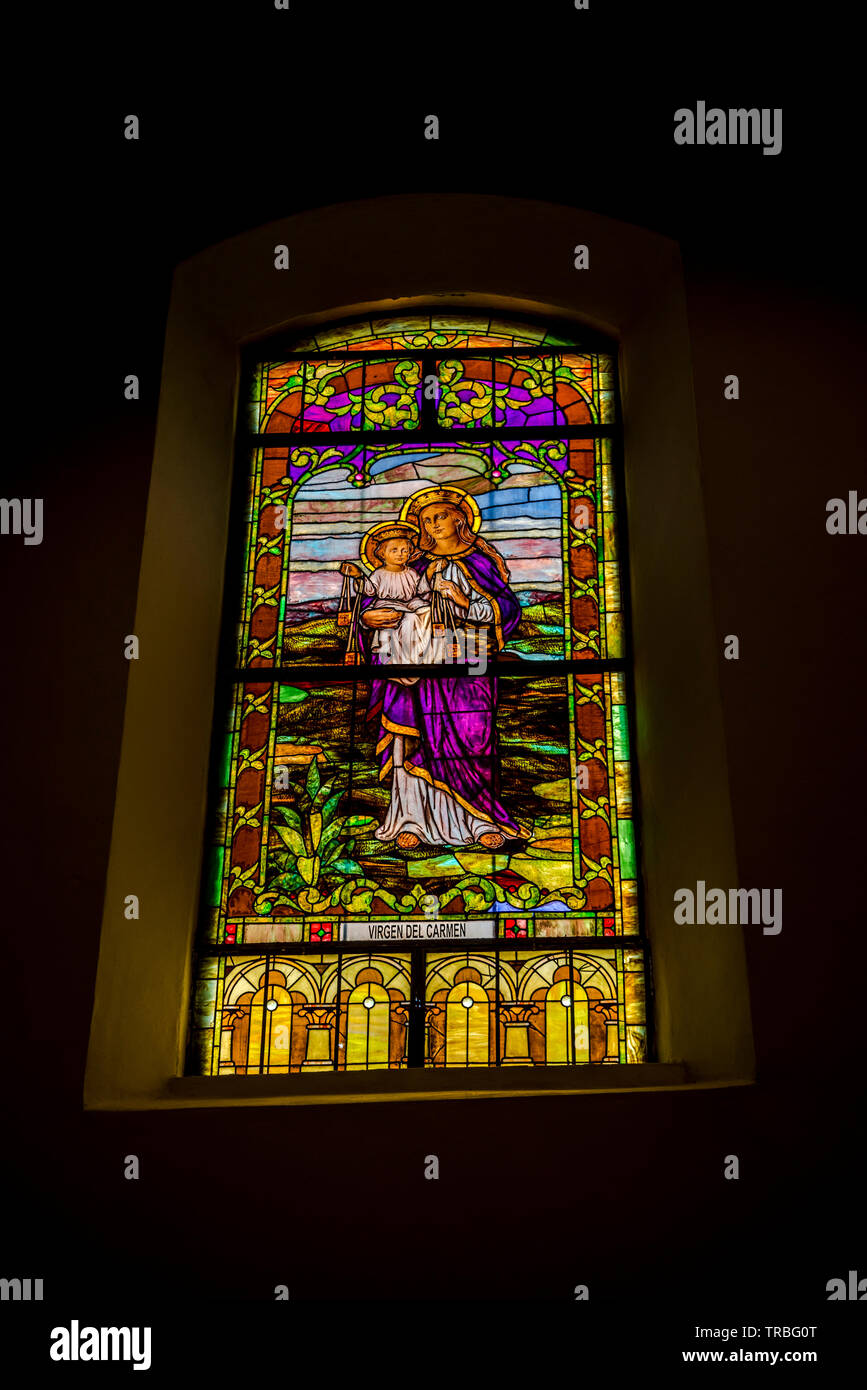 Virgen del Carmen, Stained glass windows from the Metropolitan cathedral in Panama Stock Photo