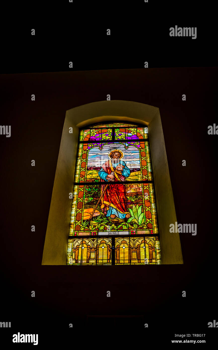 Saint San Pablo, Stained glass windows from the Metropolitan cathedral in Panama Stock Photo