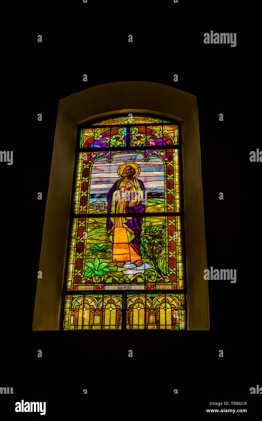 Saint San Pedro, Stained glass windows from the Metropolitan cathedral in Panama Stock Photo
