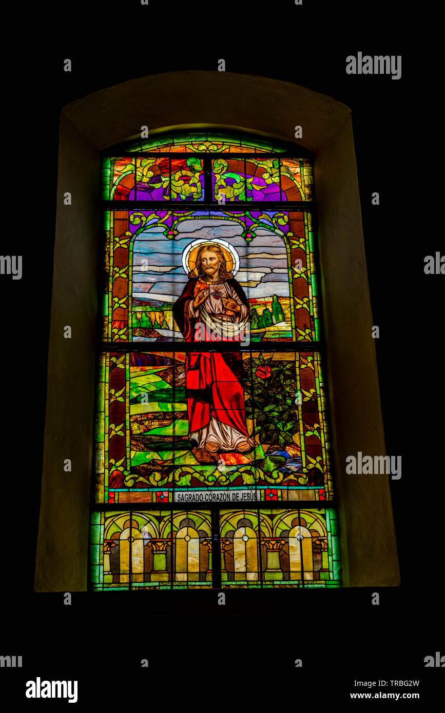 Sagrado Corazon de Jesus Stained glass windows from the Metropolitan cathedral in Panama Stock Photo
