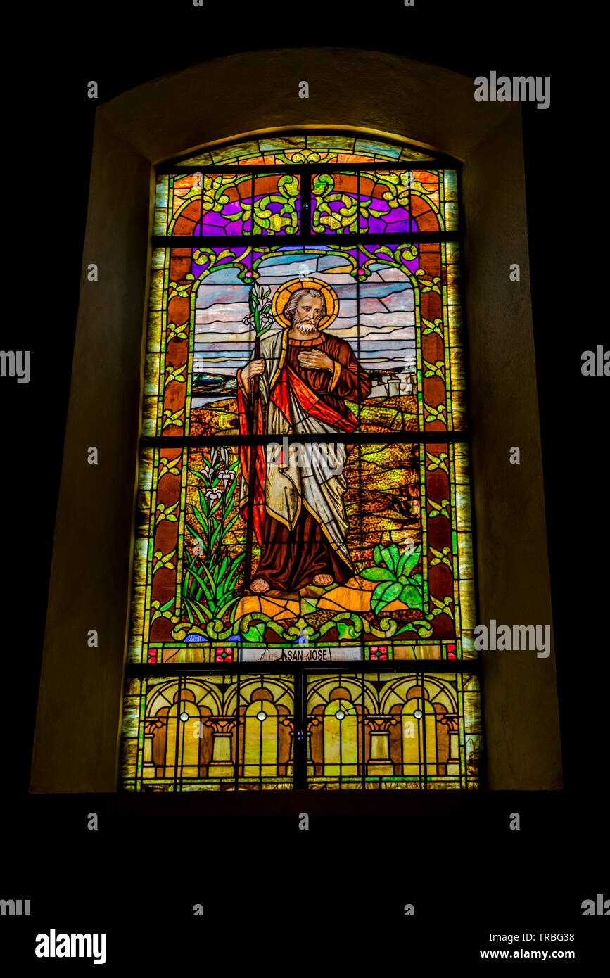 Saint San Jose, Stained glass windows from the Metropolitan cathedral in Panama Stock Photo