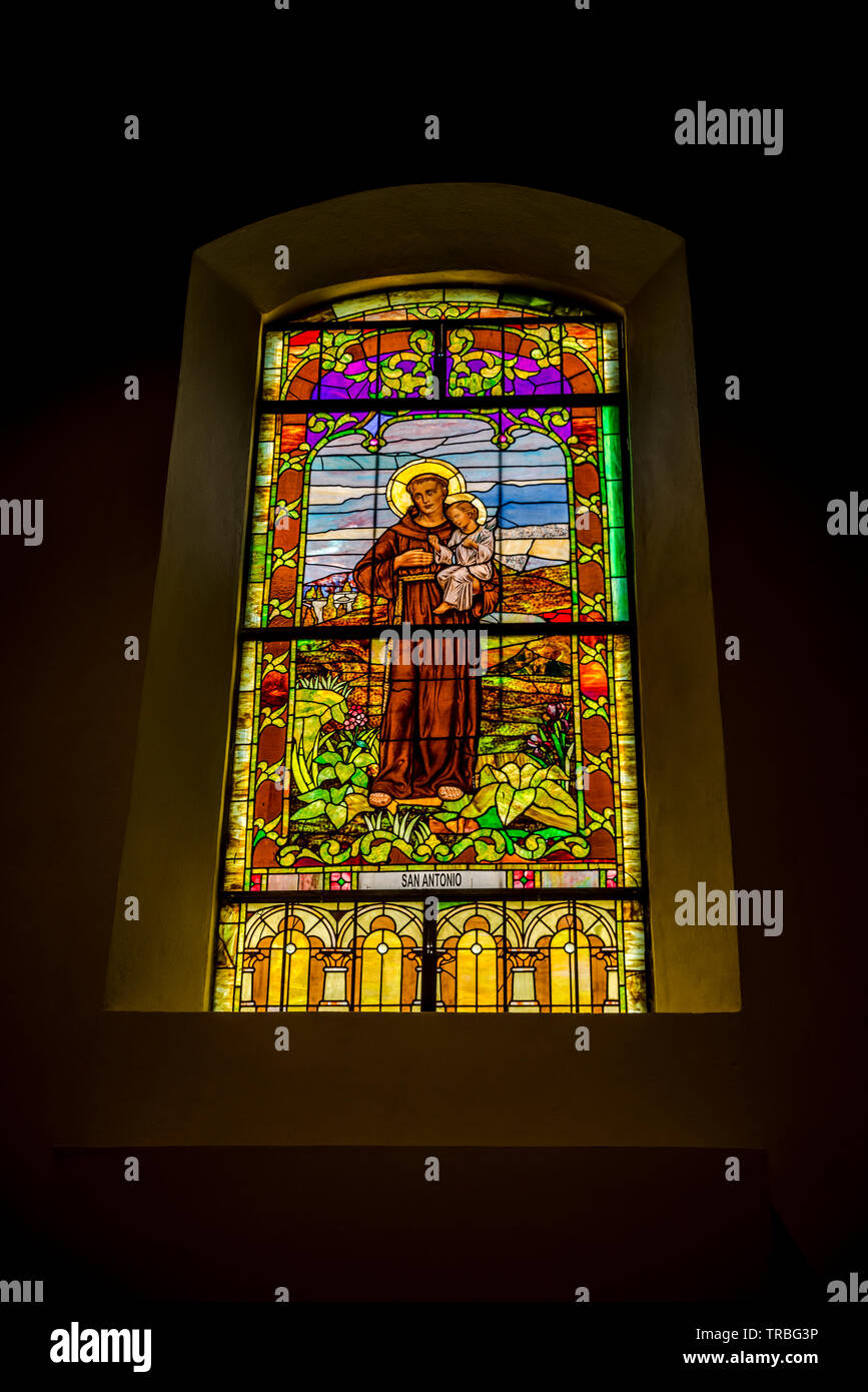 Saint San Antonio Stained glass windows from the Metropolitan cathedral in Panama Stock Photo