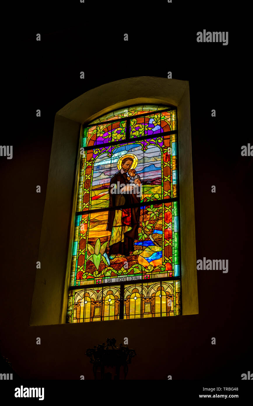 Saint San Vicente dePaul Stained glass windows from the Metropolitan cathedral in Panama Stock Photo