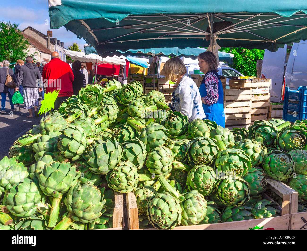 Artichokes for sale on market day in Les Hérolles, Vienne, France Stock