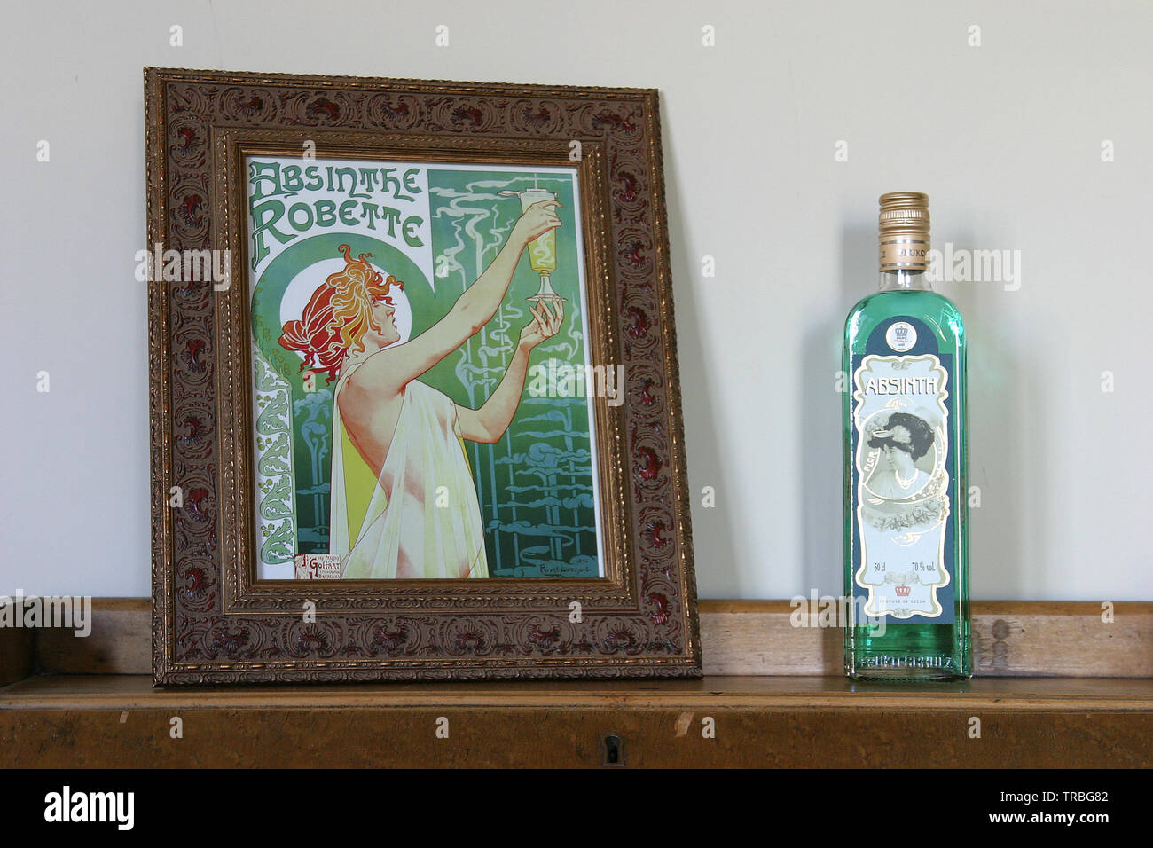 Bottle of Czech Absinthe with Absinthe Robette Print Stock Photo