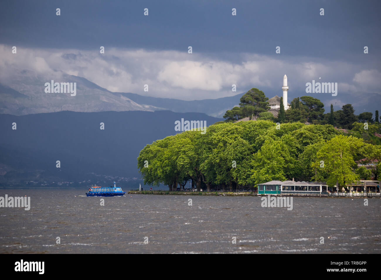 Ioannina city dock and lake Pamvotis in spring rainy day in greece Stock Photo
