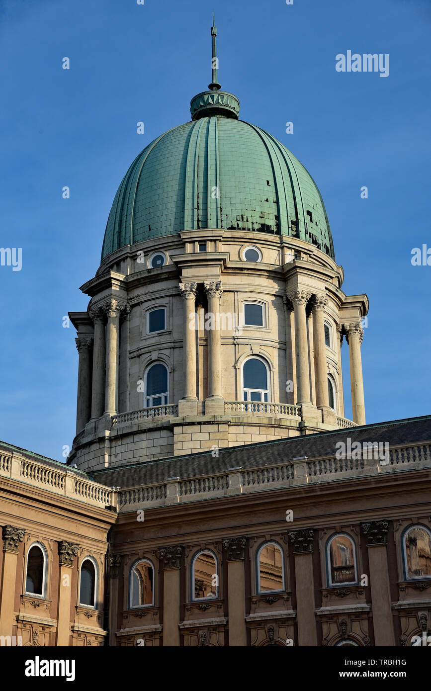 The giant neo-classical copper dome of the Royal Palace, aka Buda Castle, Castle Hill, Castle District, Budapest, Hungary, Europe. Stock Photo