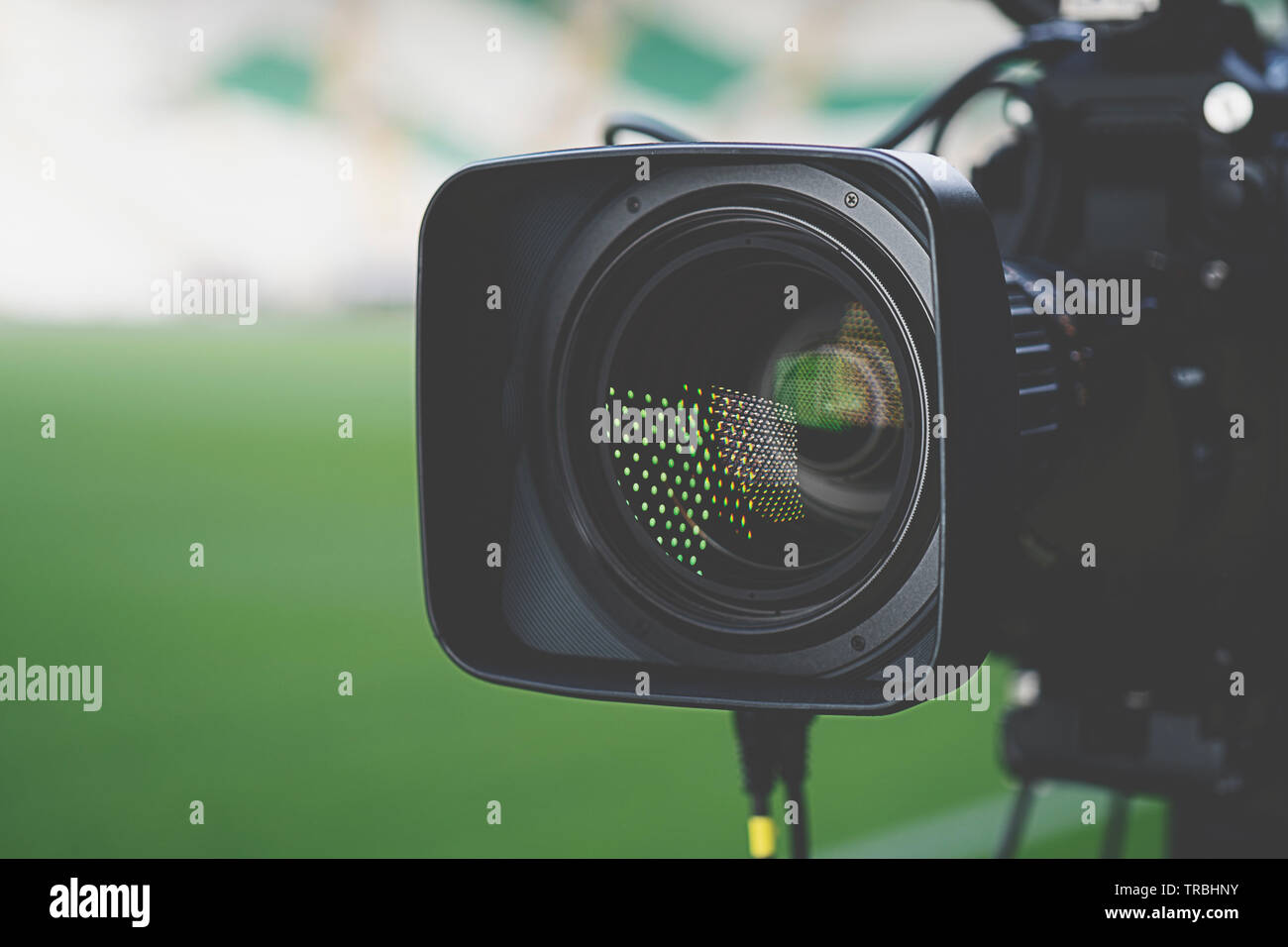 Close-up picture of a professional tv camera before broadcasting. Stock Photo