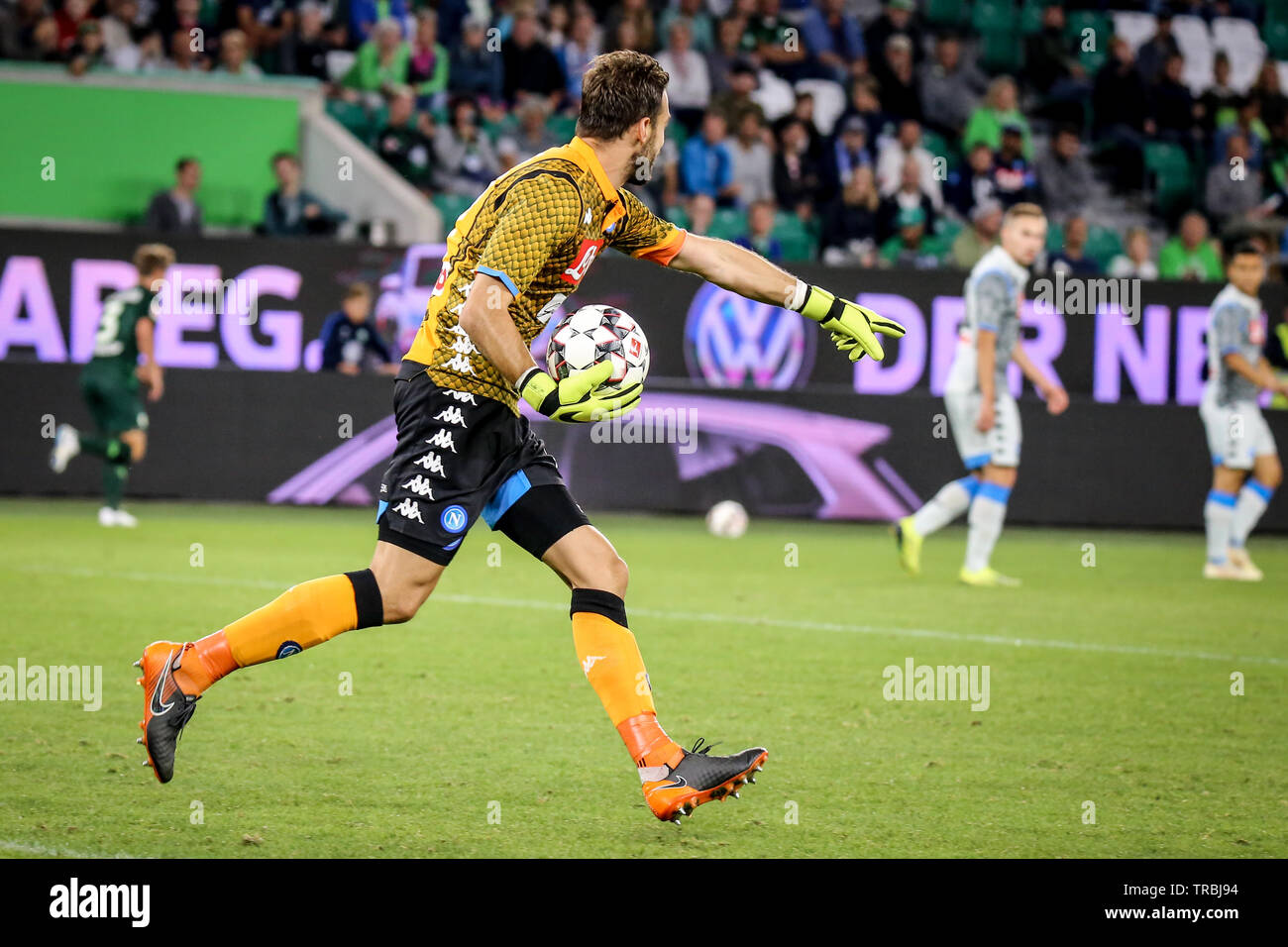 Wolfsburg, Germany, August 11, 2018: SSC Naples goalkeeper Orestis Karnezisin in action during the match. Photo by Michele Morrone Stock Photo