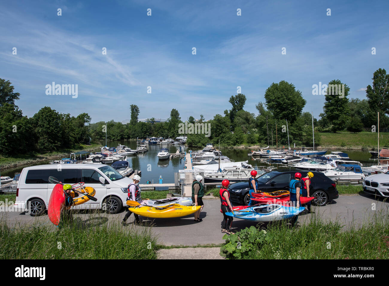 Duesseldorf, Lörick harbour, group of kayak riders, Germany Stock Photo