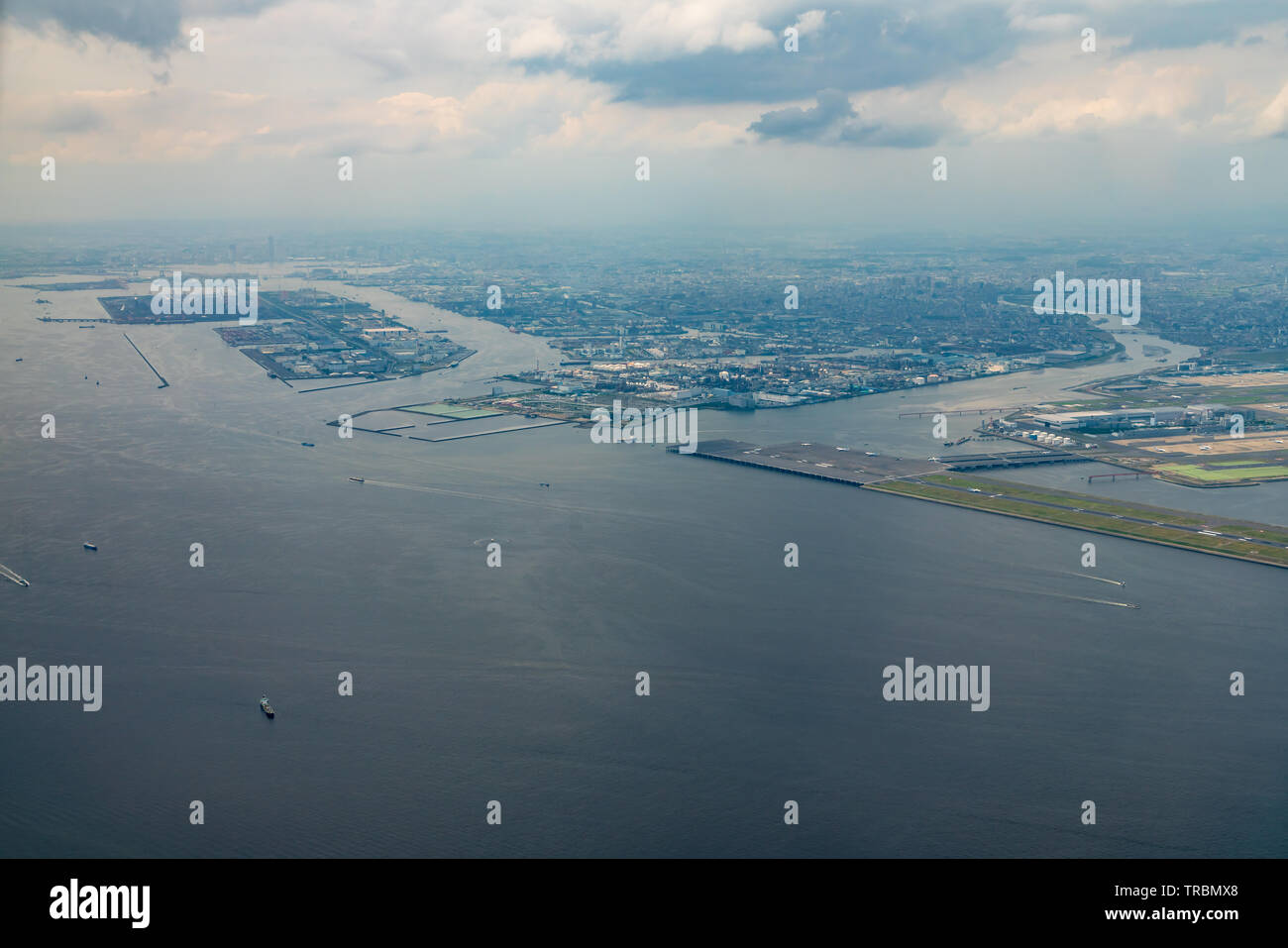 Aerial view of Tokyo Bay around the Haneda International Airport in Tokyo, Japan. Stock Photo