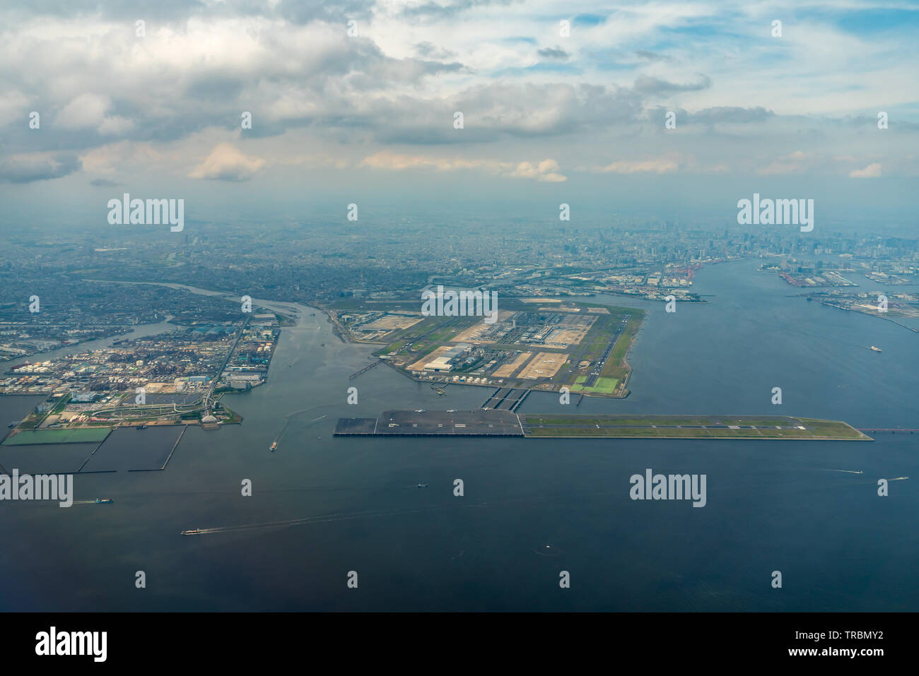 Aerial view of Tokyo Bay around the Haneda International Airport in Tokyo, Japan. Stock Photo