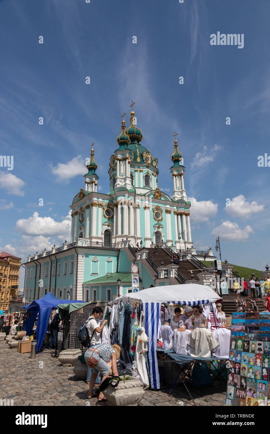 St Andrew's Church on Andrews Decent (Andriyivsky Uzviz)  Kiev, Ukraine Stock Photo