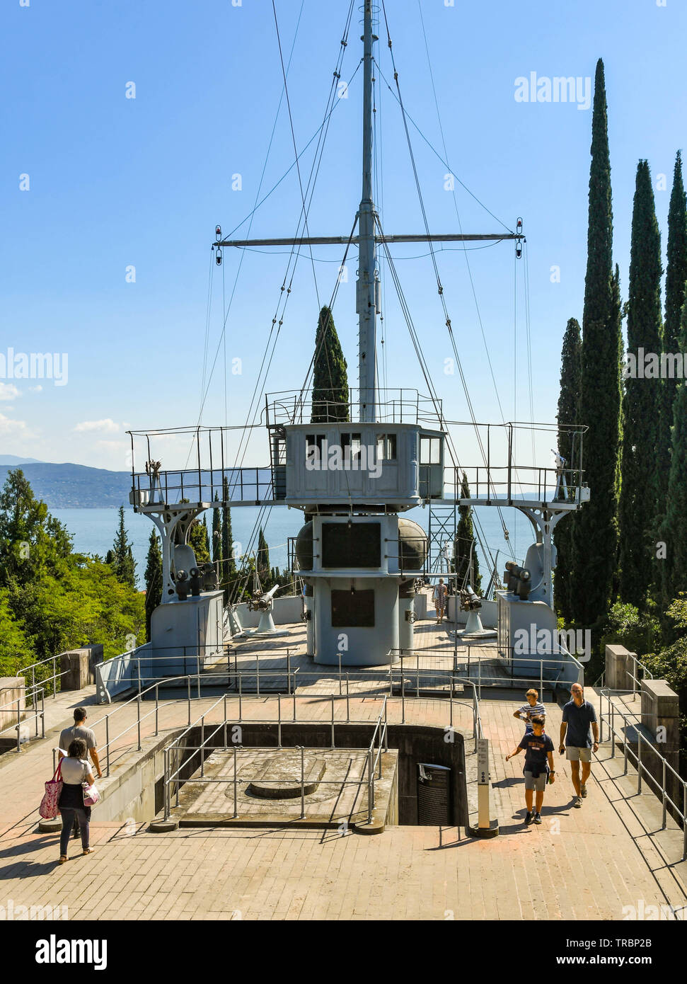 GARDONE RIVIERA, ITALY - SEPTEMBER 2018: The deck and bridge of the cruiser Puglia, which is on display in the Vittoriale degli Italiani gardens Stock Photo