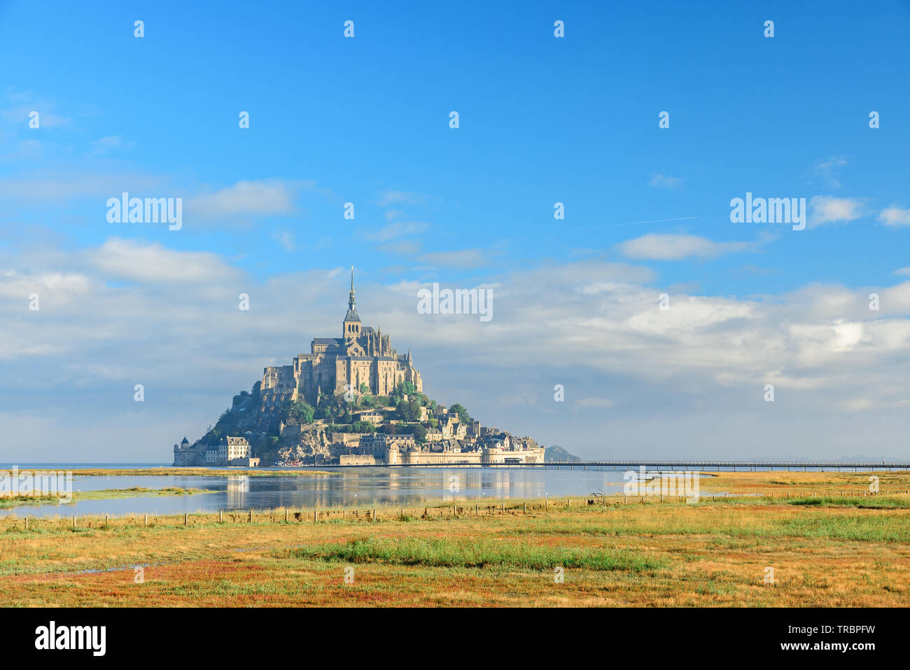 Le Mont Saint Michel abbey on the island, Normandy, Northern France, Europe at sunrise Stock Photo