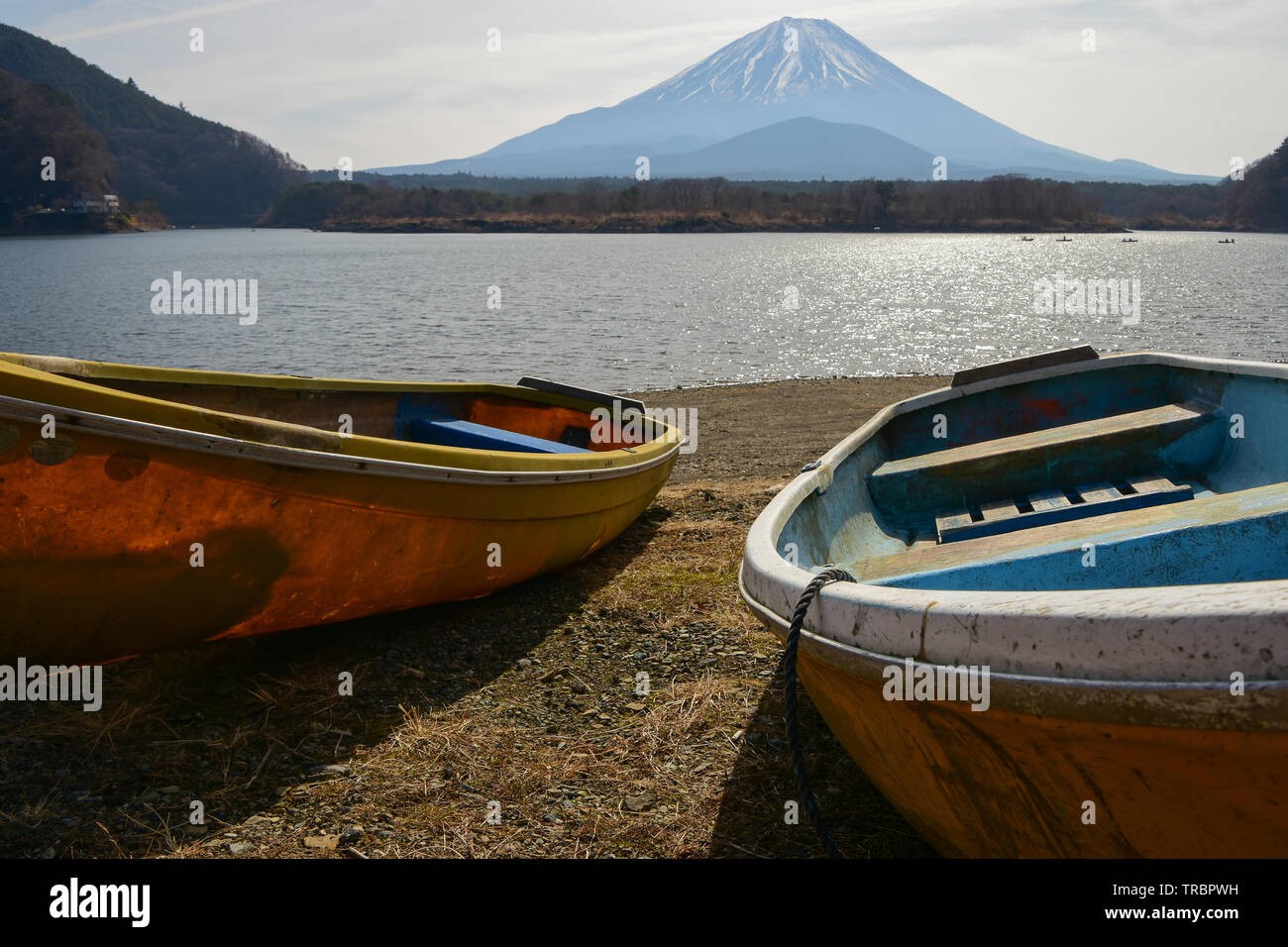 Mount Fuji and boats by Lake Shoji, Japan Stock Photo