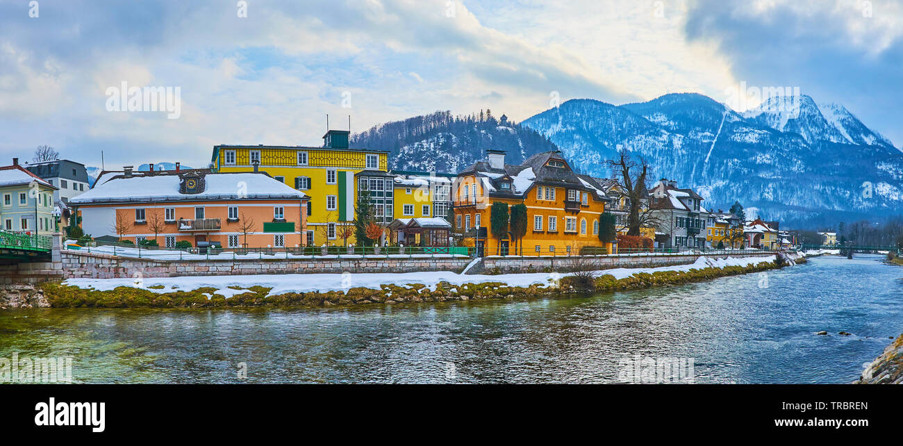 The scenic colorful mansions on the bank of Traun river in old Bad Ischl, Salzkammergut, Austria Stock Photo
