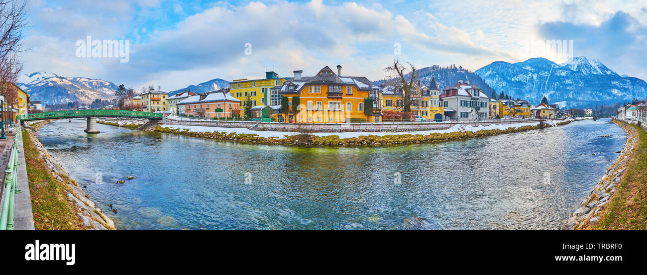 Panorama of the old town with Traun river, Elisabeth bridge, colored townhouses and Mount Katrin, Bad Ischl, Salzkammergut, Austria Stock Photo