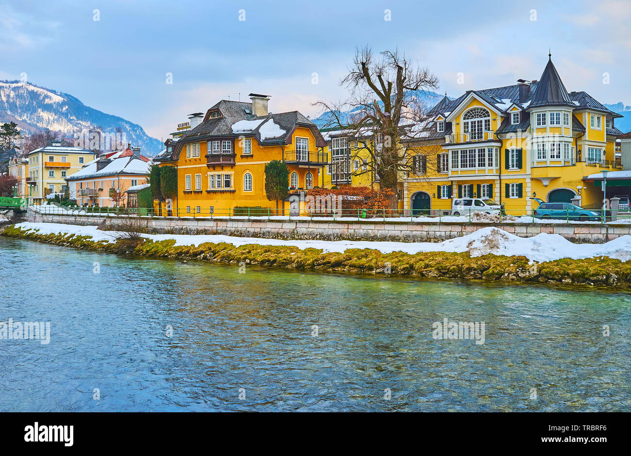 Bad Ischl boasts numerous preserved historic townhouses and mansions, the most interesting are located along the Traun river, Salzkammergut, Austria Stock Photo