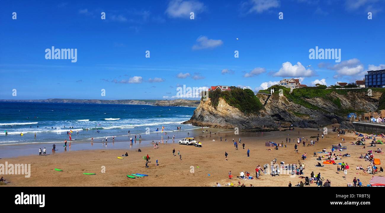 A very busy Newquay beach in Cornwall, United Kingdom. Stock Photo