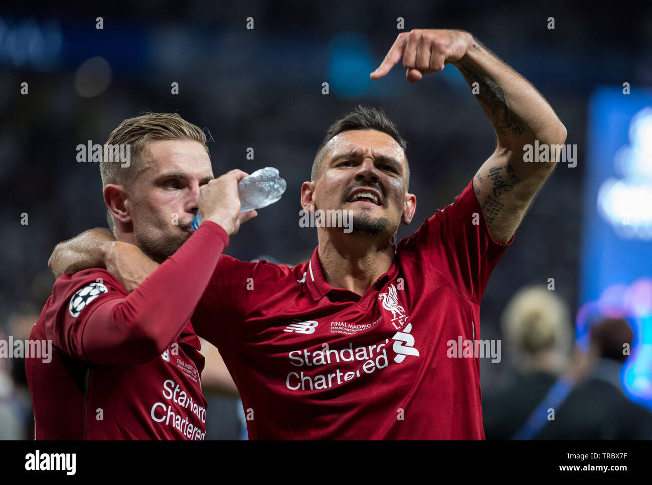 Dejan Lovren (right) & Jordan Henderson of Liverpool during the UEFA Champions League FINAL match between Tottenham Hotspur and Liverpool at the Metro Stock Photo