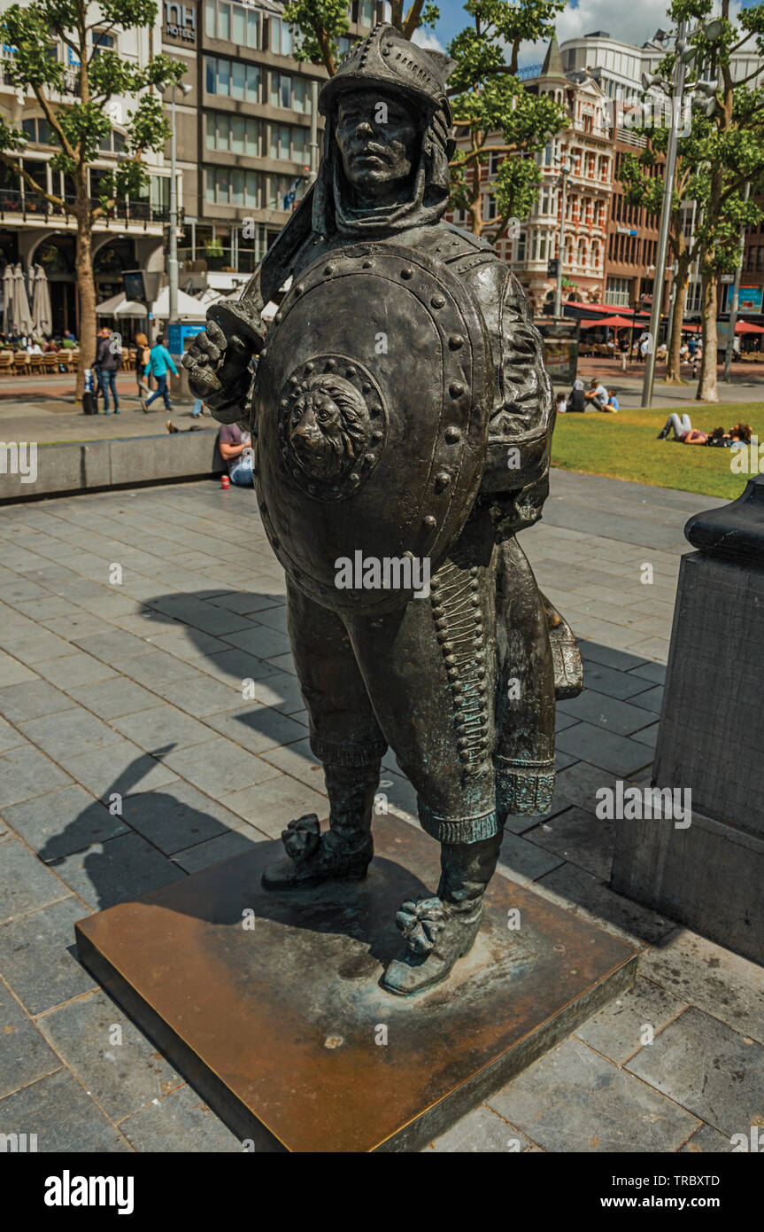 Bronze sculpture of XVII century soldier on the Rembrandt Square in