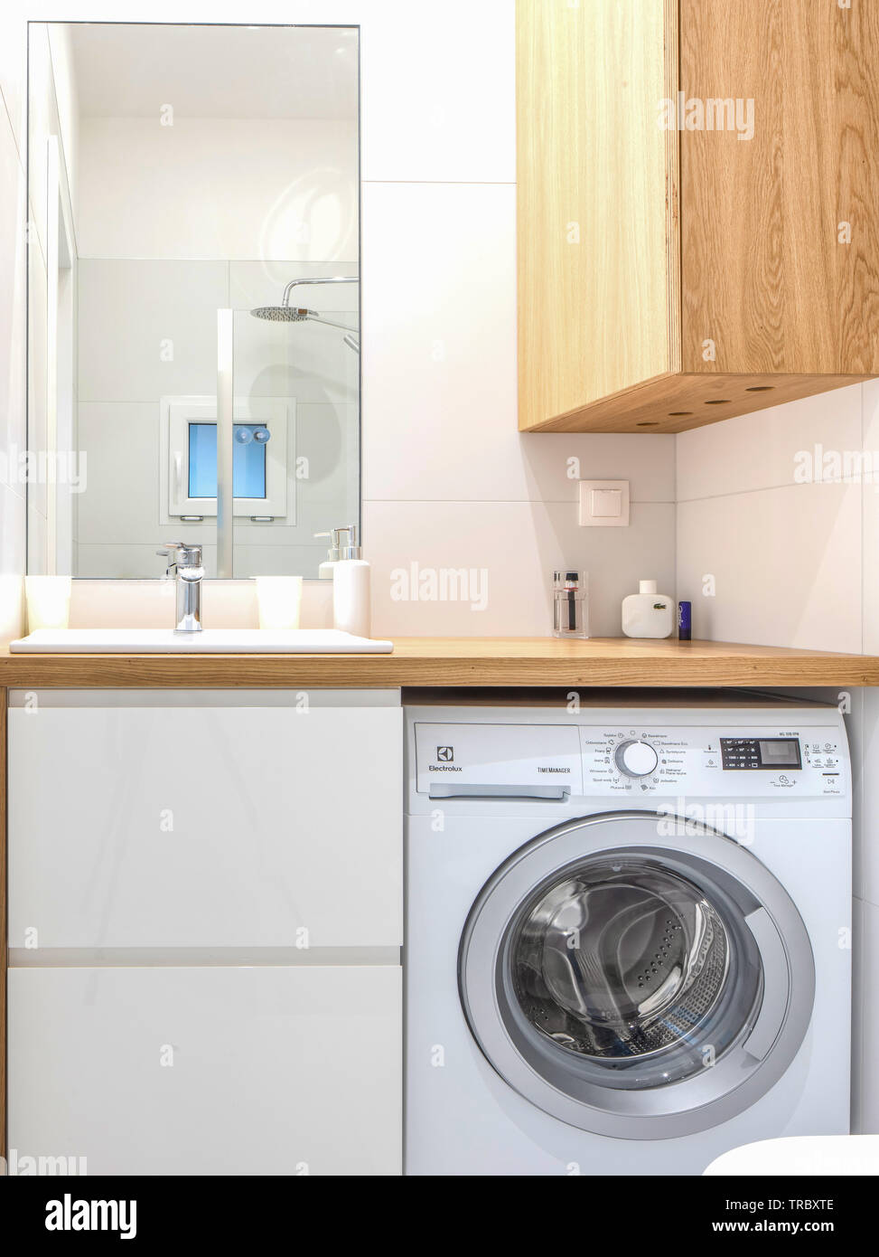 Modern bathroom equipment, details. Wise elegant solutions. White key. Stock Photo