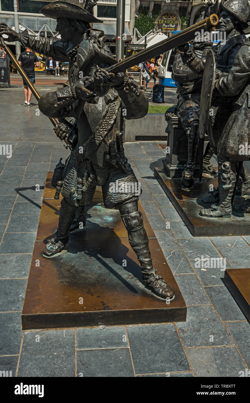 Bronze sculpture of XVII century soldiers on the Rembrandt Square in